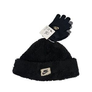 Nike Cozy Peak Kids Black Beanie Hat and Gloves Set Winter Warm Unisex 2‎ PC SET
